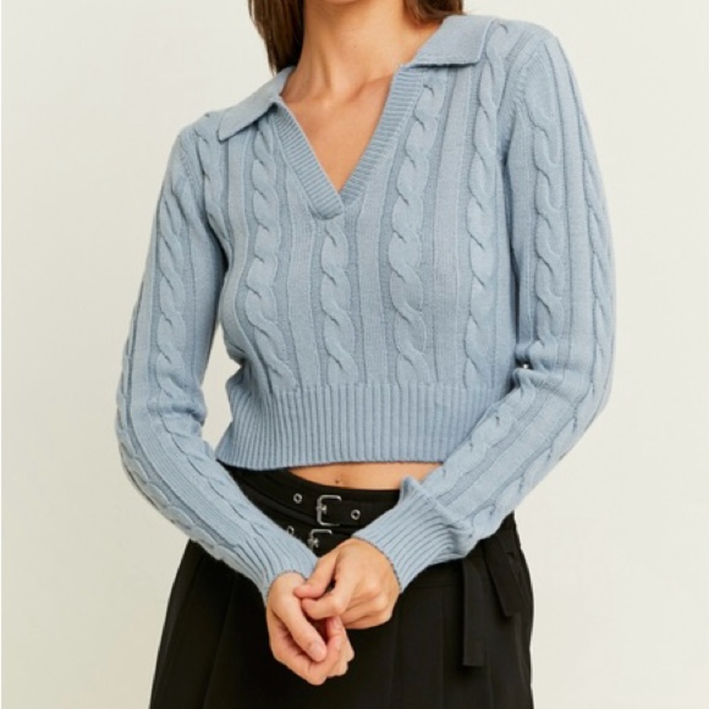 Sunday Best cable knit cropped sweater wool blend collared blue V-neck women M